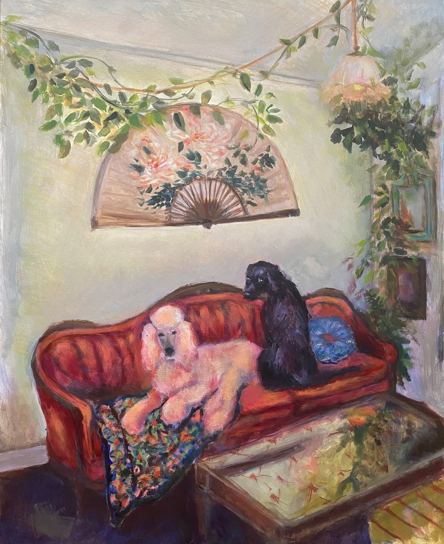 Chienne Lounge, original oil painting on canvas by Mia Cugasi, a pink poodle and a black dog resting on a red sofa beneath a painted fan and trailing vines, 16 by 20 inches