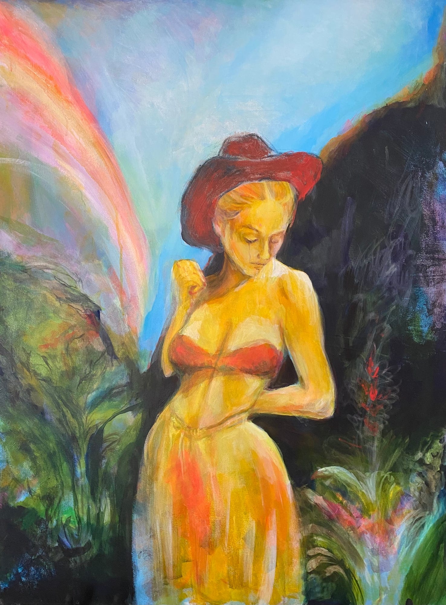 Iris, original oil painting on canvas by Mia Cugasi, a woman in a red hat and golden dress standing in a garden beneath a rainbow-colored sky, 30 by 40 inches